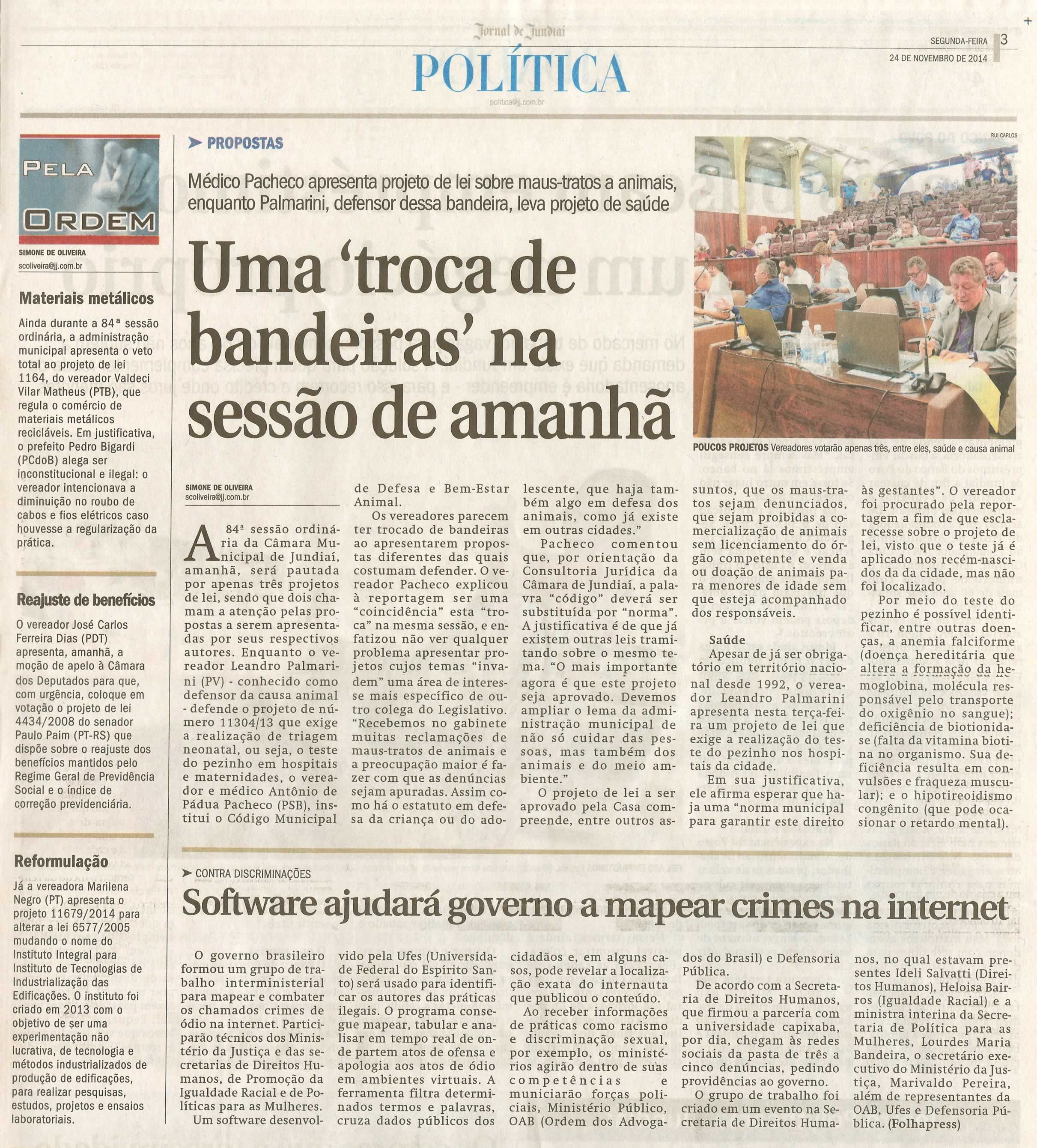 JJ - 24/11/14 - pg 3 - Política - Uma troca de bandeiras na sessão de amanhã - 