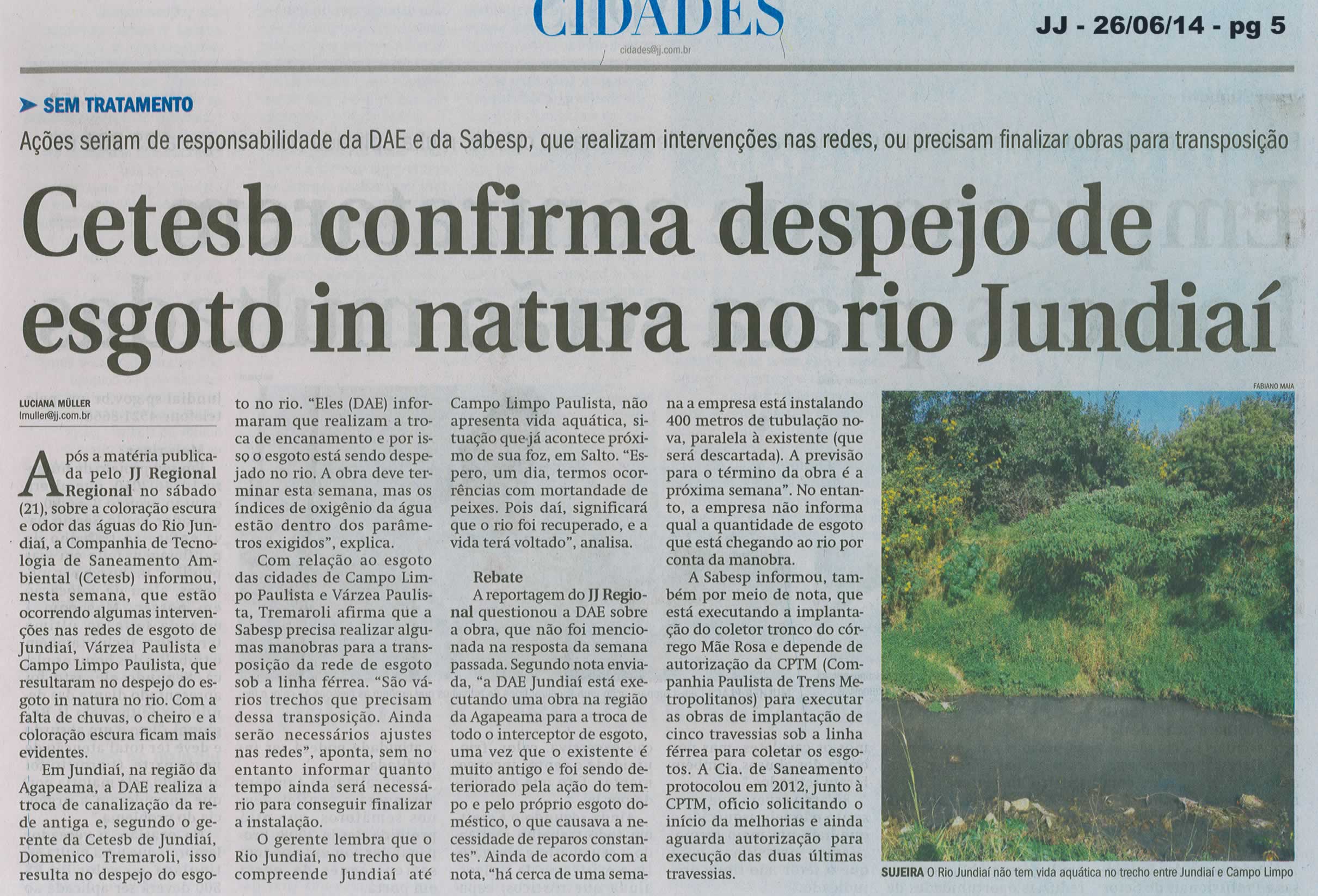 JJ - 26/06/14 - pg 5 - Cidades - Cetesb confirma despejo de esgoto in natura no rio Jundiaí - 