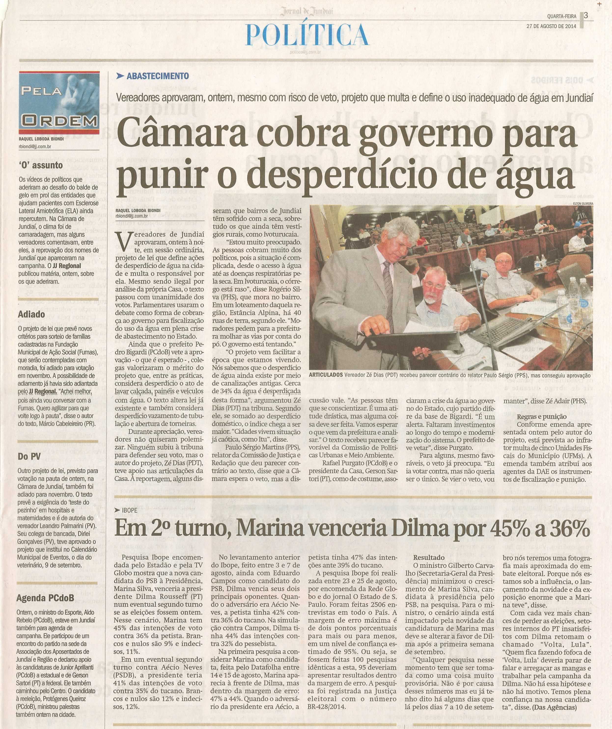 JJ - 27/08/14 - pg 3 - Política - Câmara cobra governo para punir o desperdício de água -
