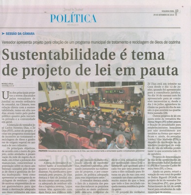 JJ - 29/09/14 - pág. 03 - Política - Sustentabilidade é tema de projeto de lei em pauta.
