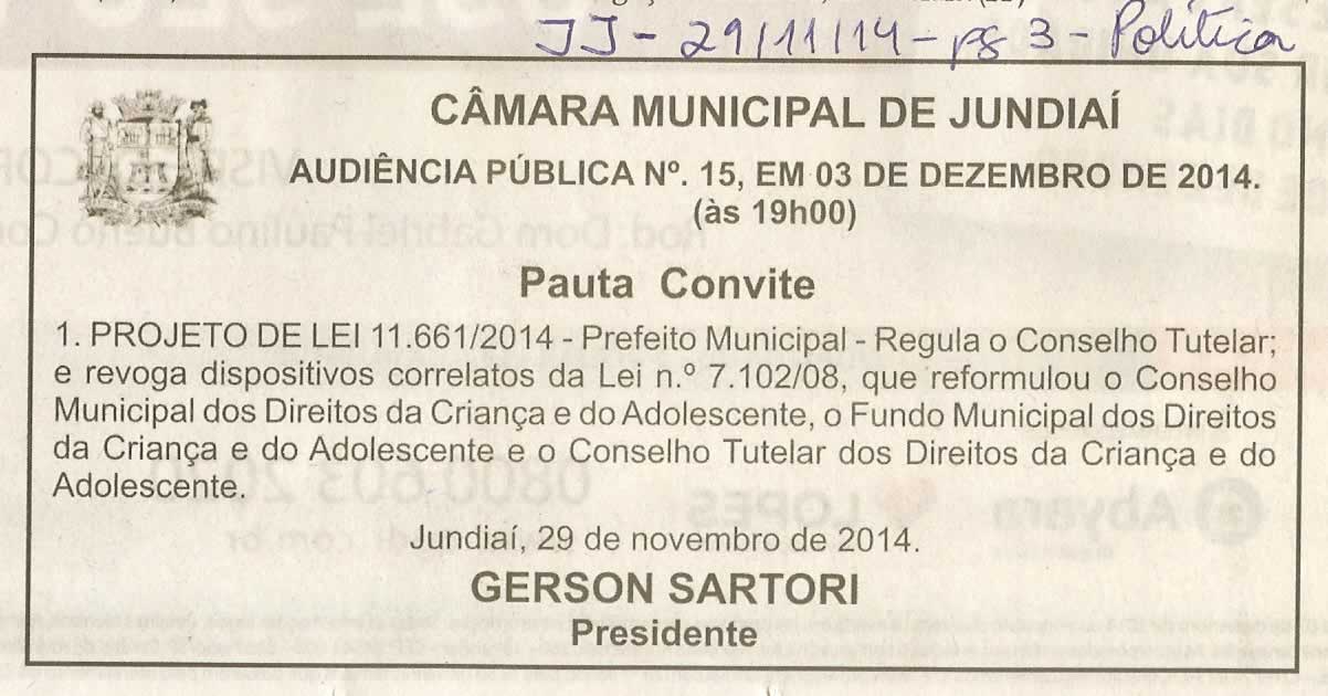 JJ - 29/11/14 - pg 3 - Política - Audiência Pública nº 15 - Câmara Municipal de Jundiaí -