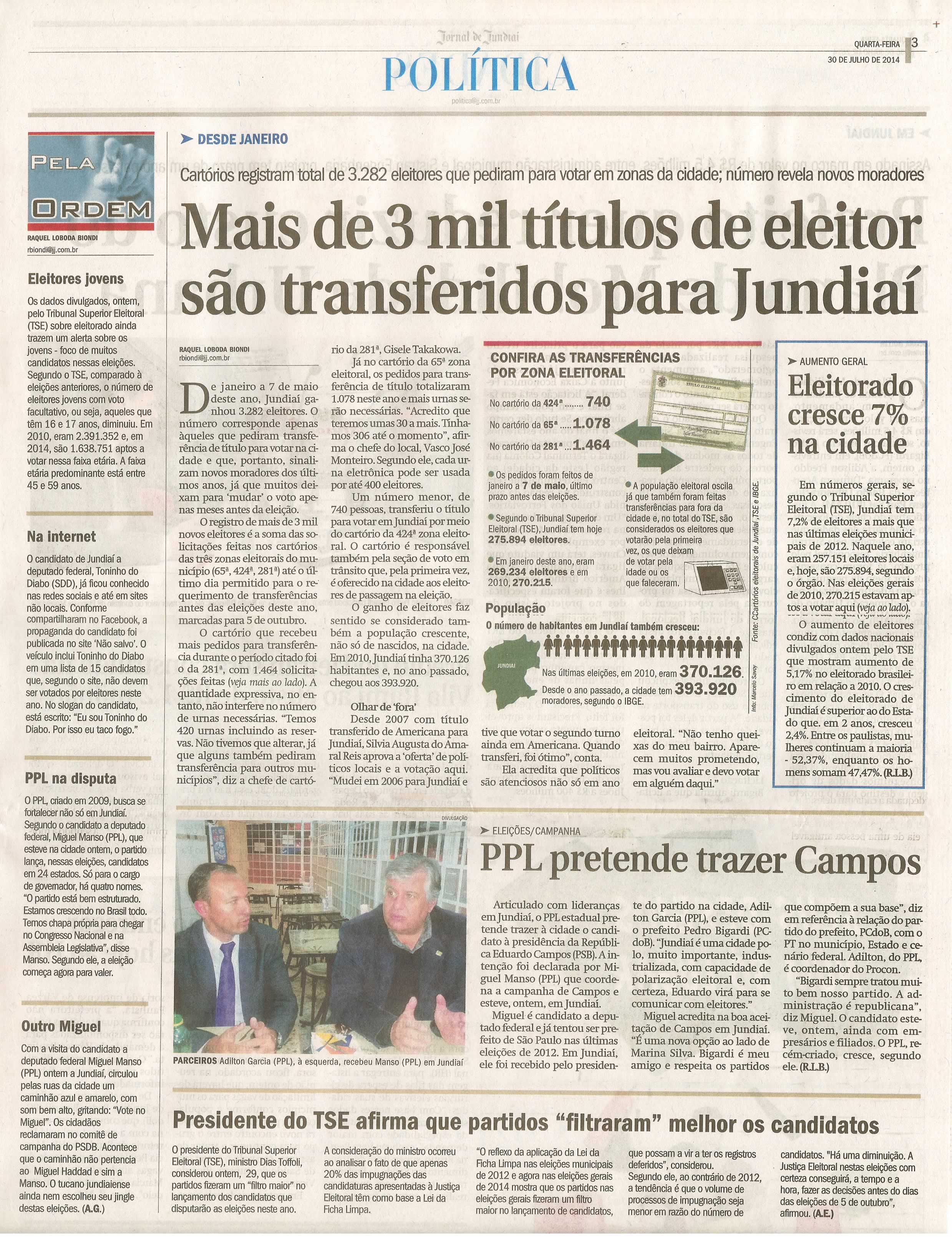 JJ - 30/07/14 - pg 3 - Política - Mais de 3 mil títulos de eleitor são transferidos para Jundiaí -