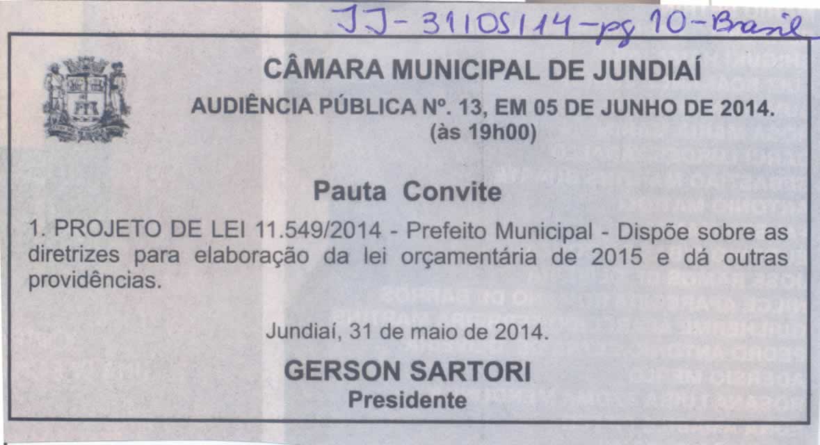 JJ - 31/05/14 - pg 3 - Política - Audiência Pública nº 13 da Câmara Municipal de Jundiaí - 