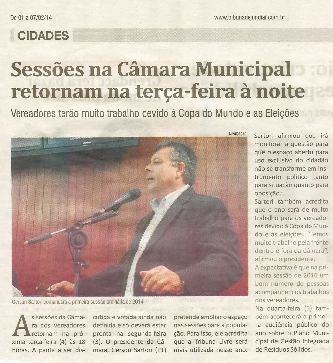 Jornal Tribuna de Jundiaí - 01/02/14 - Sessões na Câmara Municipal retornam na terça-feira à noite -