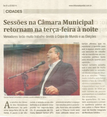 Jornal Tribuna de Jundiaí - 01/02/14 - Sessões na Câmara Municipal retornam na terça-feira à noite -