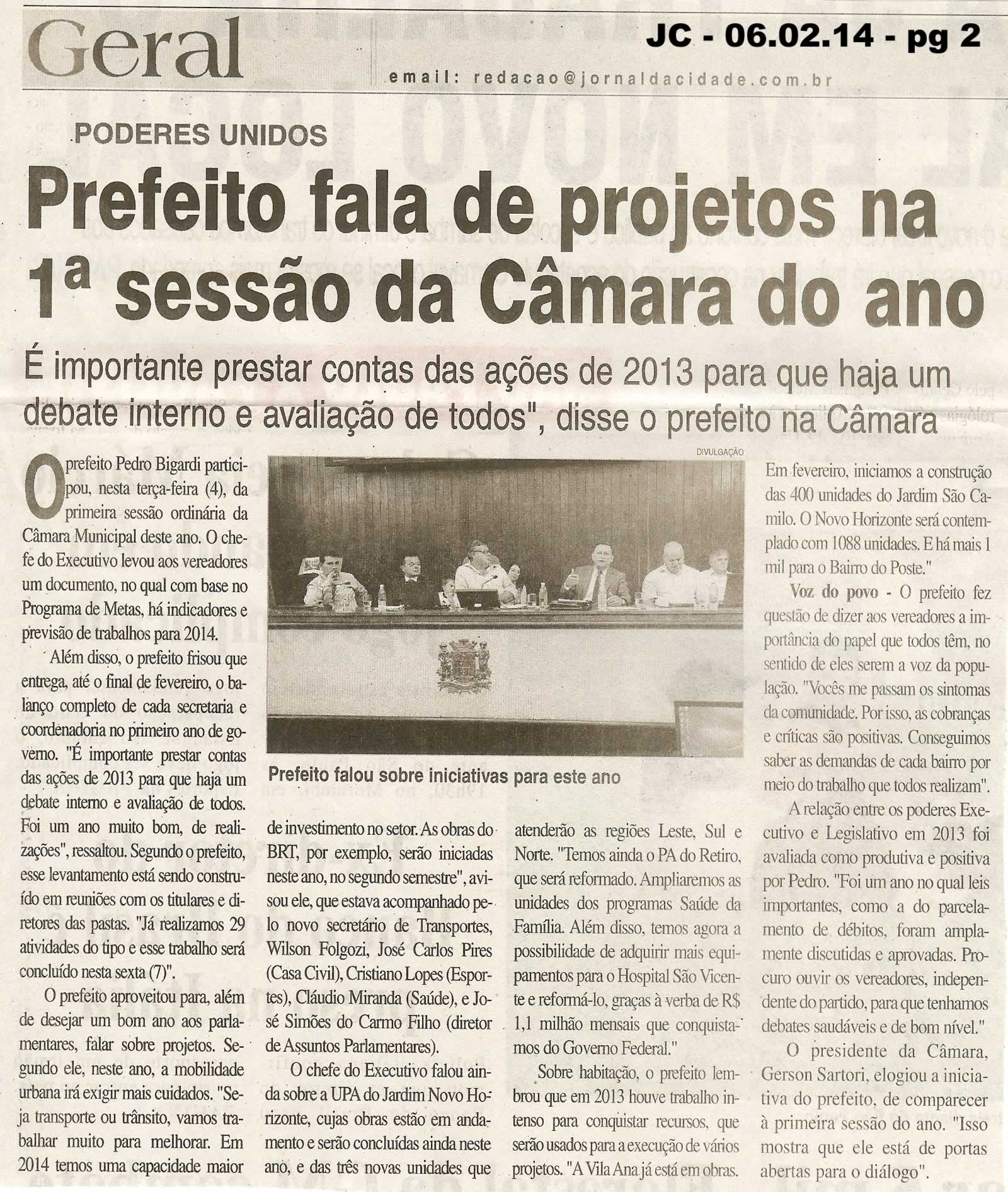 JC - 06/02/14 - pg 2 - Prefeito fala de projetos na 1ª sessão da Câmara do ano - 