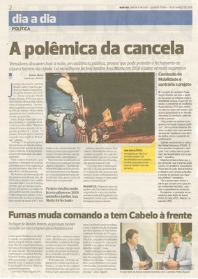 Bom Dia Jundiaí  - 18/03/15 - pg 2 - A polêmica da cancela - Fumas muda comando e tem Cabelo à frente - 