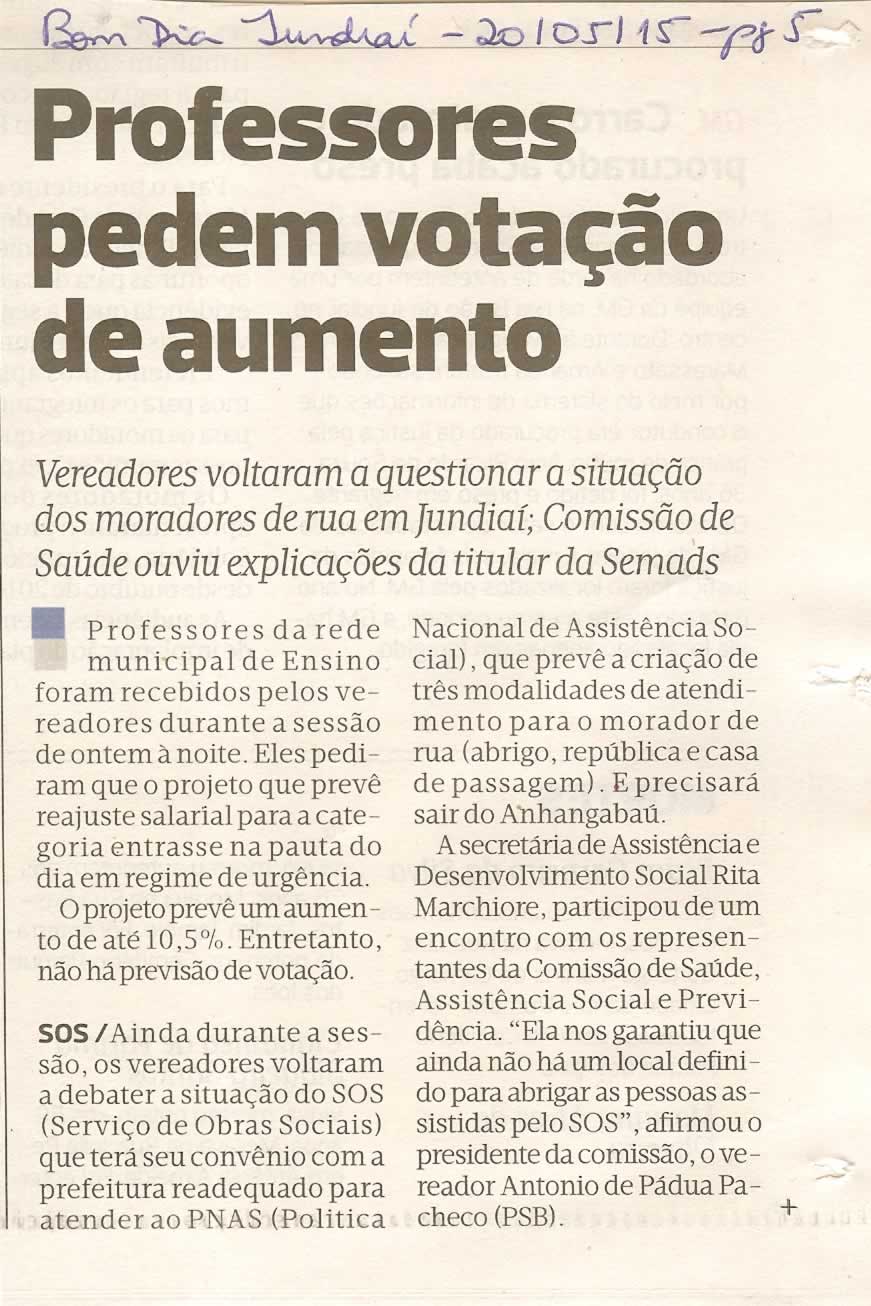 Bom Dia Jundiaí - 20/05/15 - pg 5 - Professores pedem votação de aumento -