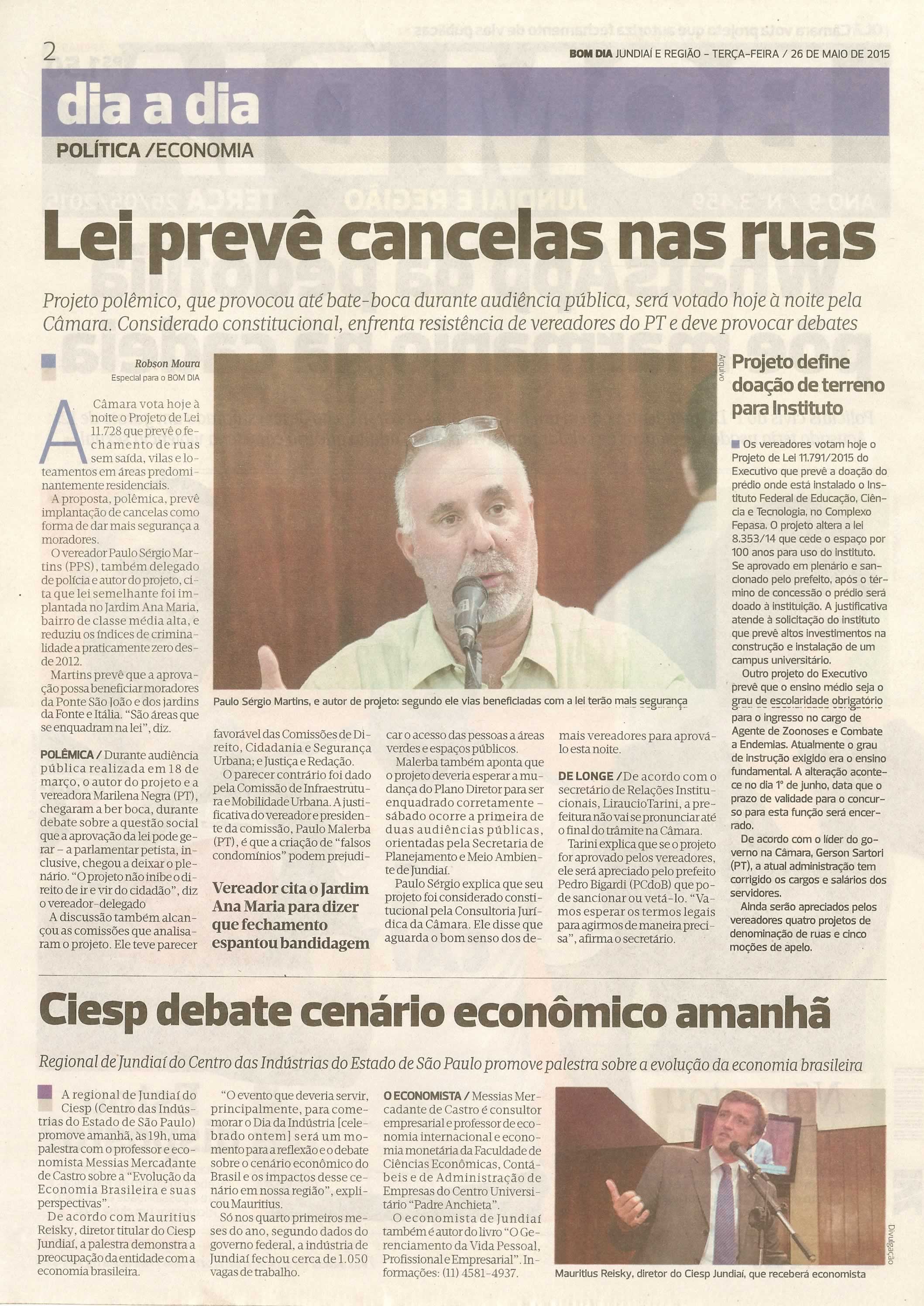Bom Dia Jundiaí - 26/05/15 - pg 2 - Lei prevê cancelas nas ruas -
