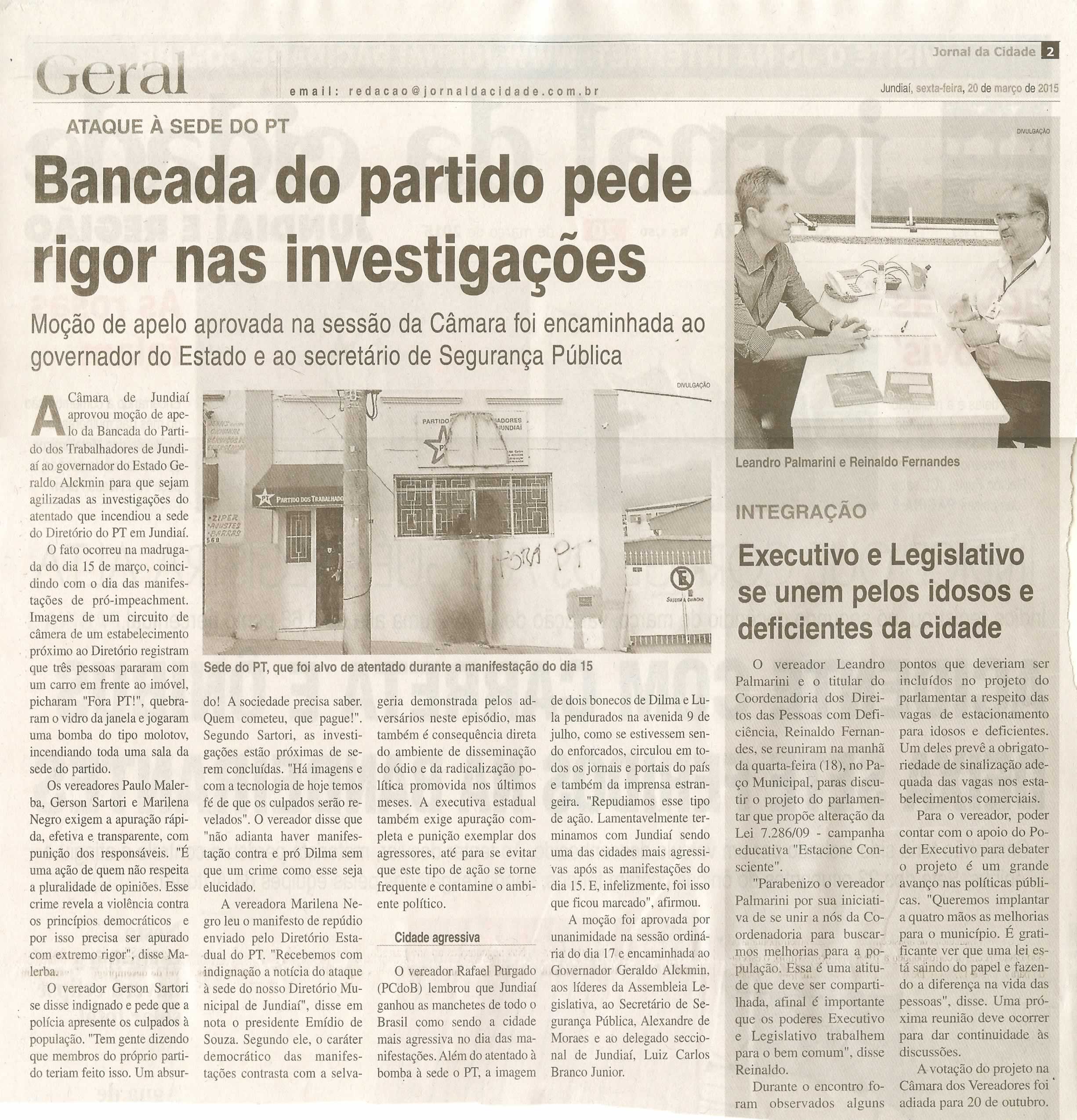 JC - 20/03/15 - pg 2 - Bancada do partido pede rigor nas investigações - Executivo e Legislativo se unem pelos idosos e deficientes da cidade -