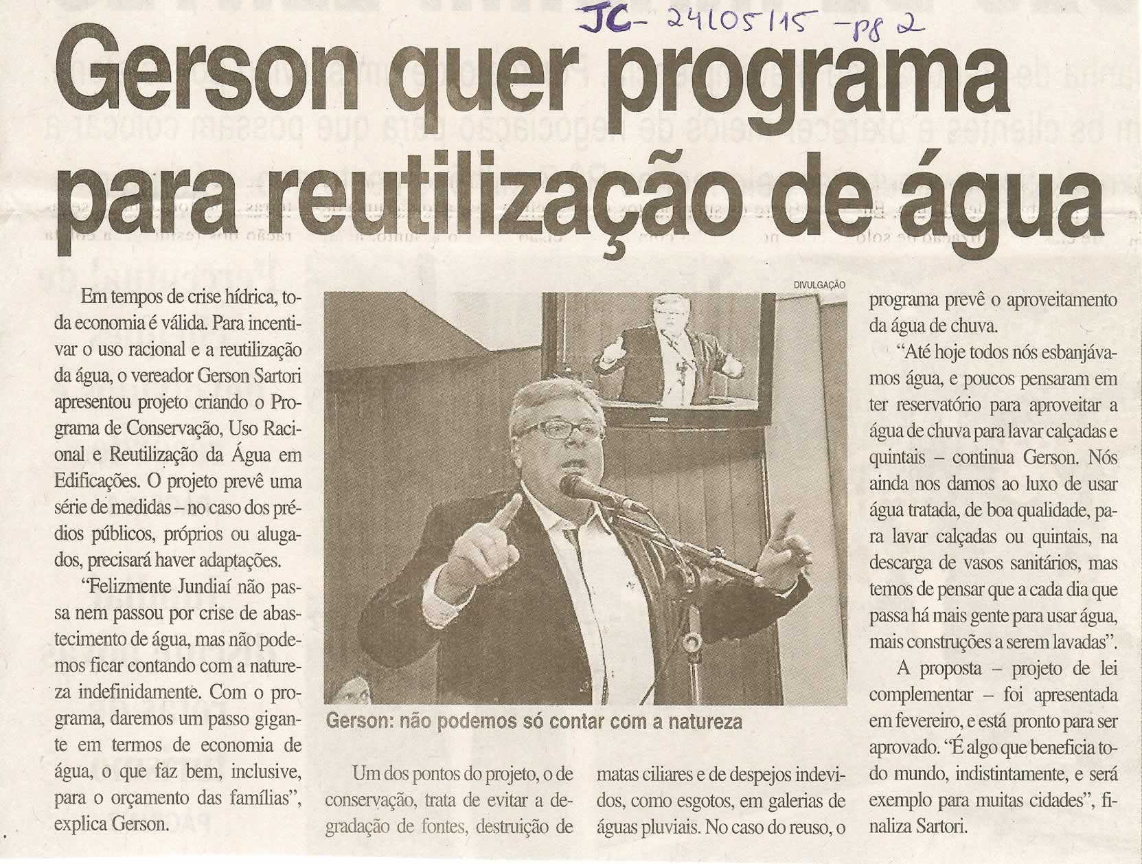 JC - 24/05/15 - pg 2 - Gerson quer programa para reutilização de água -