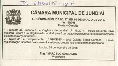 JC - 28/02/15 - pg 6 - Audiência Pública nº 17 da Câmara Municipal de Jundiaí