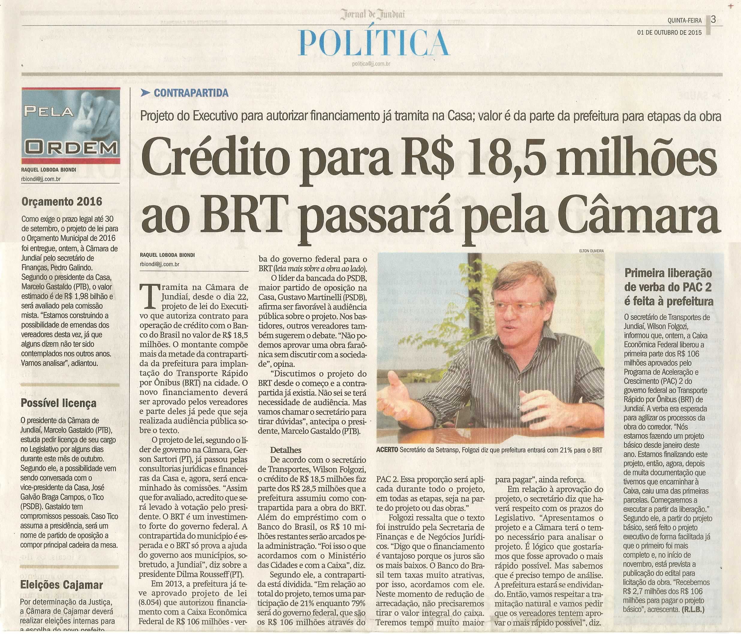  JJ - 01/10/15 - pg 3 - Política - Crédito para R$18,5 milhões ao BRT passará pela Câmara - Pela Ordem.
