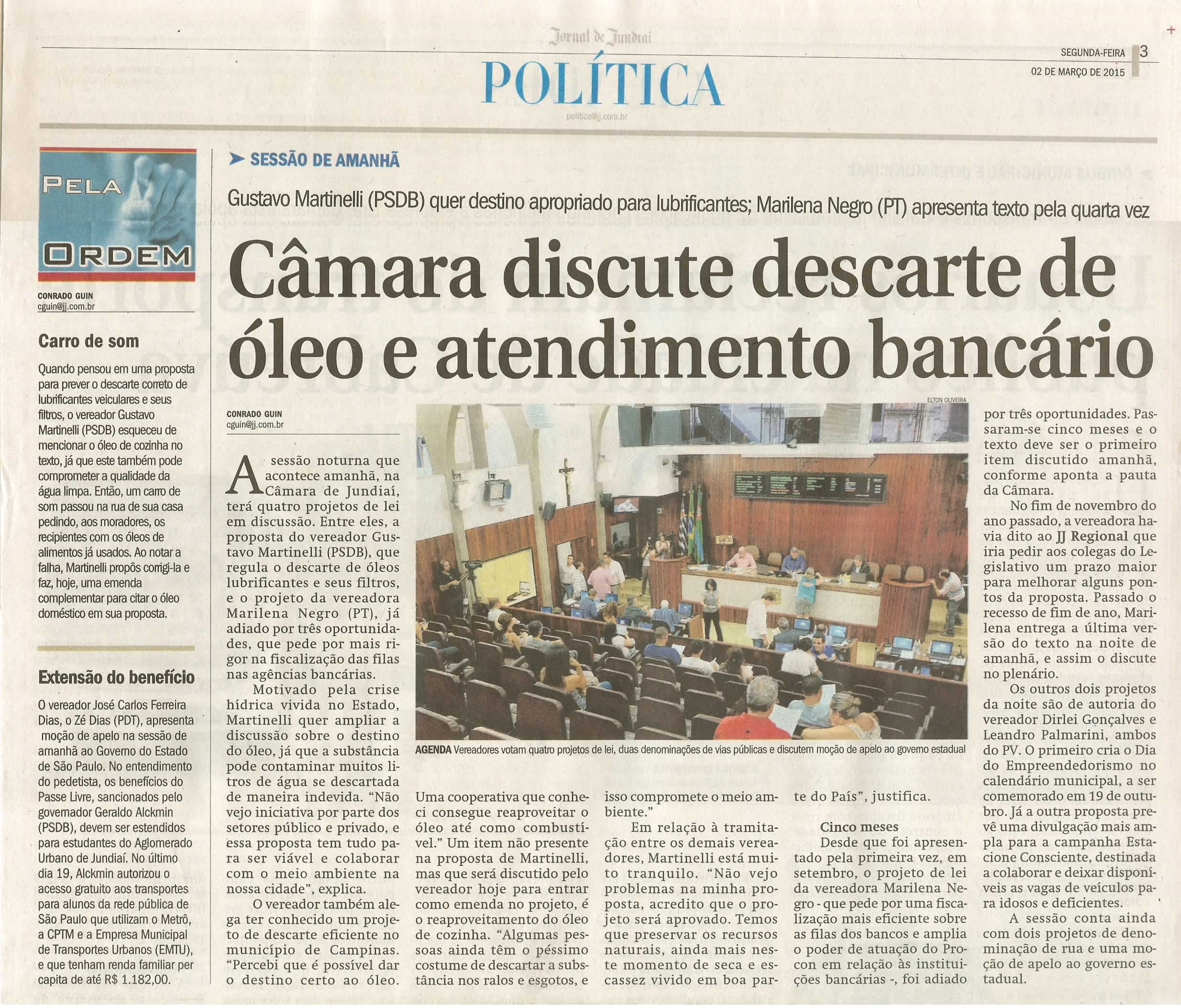 JJ - 02/03/15 - pg 3 - política - Câmara discute descarte de óleo e atendimento bancário - 