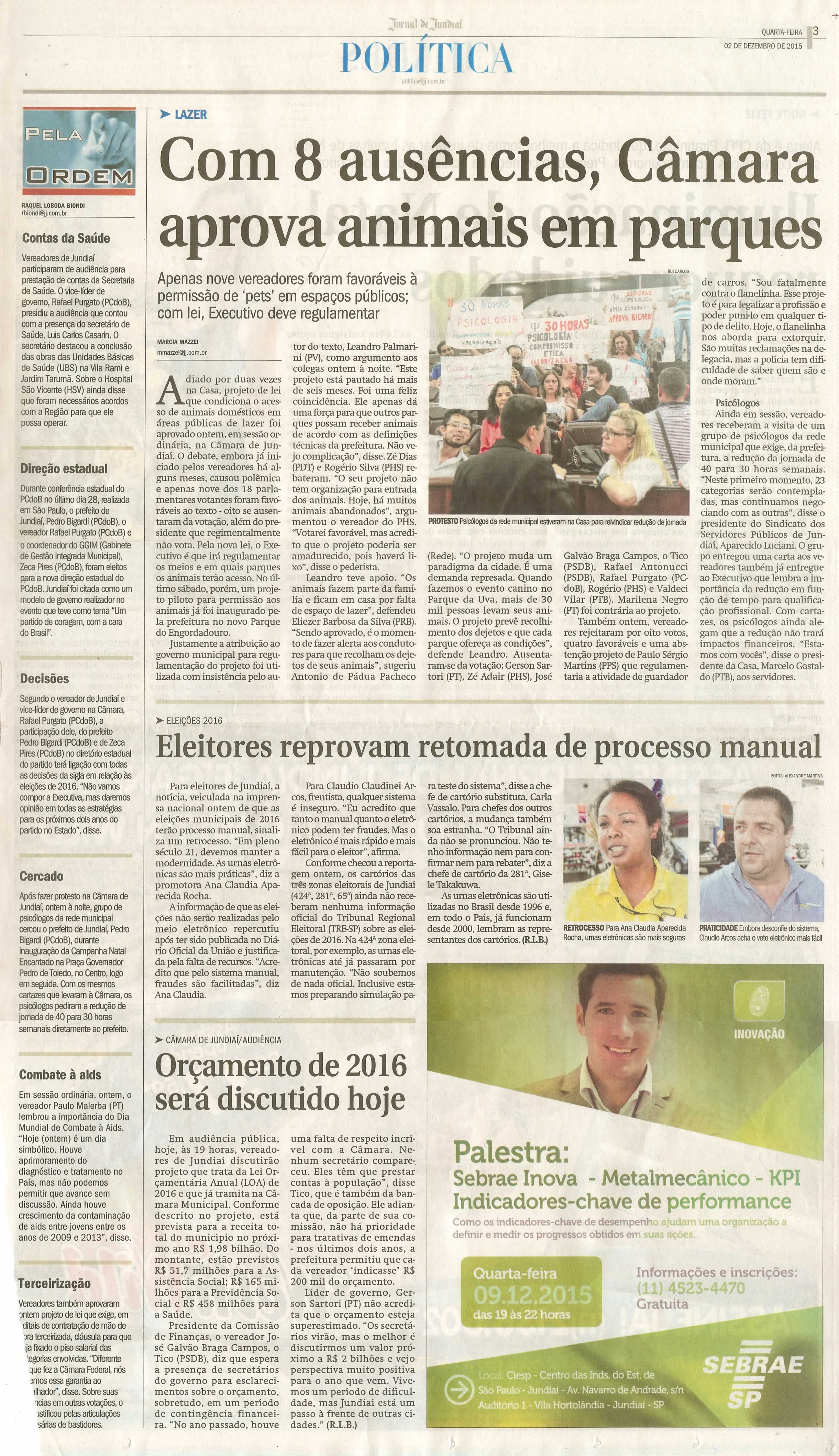 JJ - 02/12/15 - pg 3 - política - Com 8 ausências, Câmara aprova animais em parques -