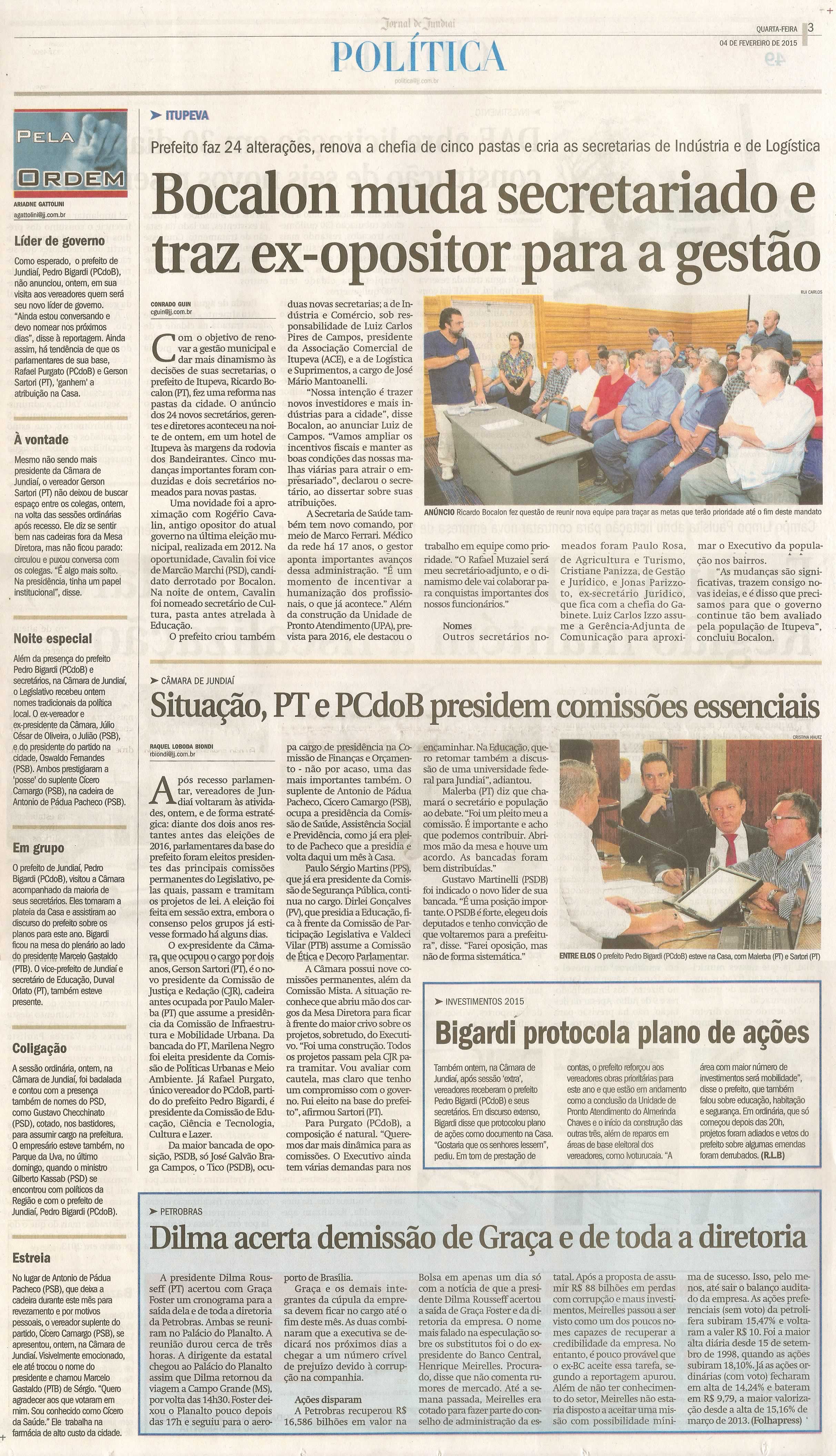 JJ - 04/02/15 - pg 3 - política - Bocalon muda secretariado e traz ex-opositor para a gestão - Situação, PT e PC do B presidem comissões essenciais -