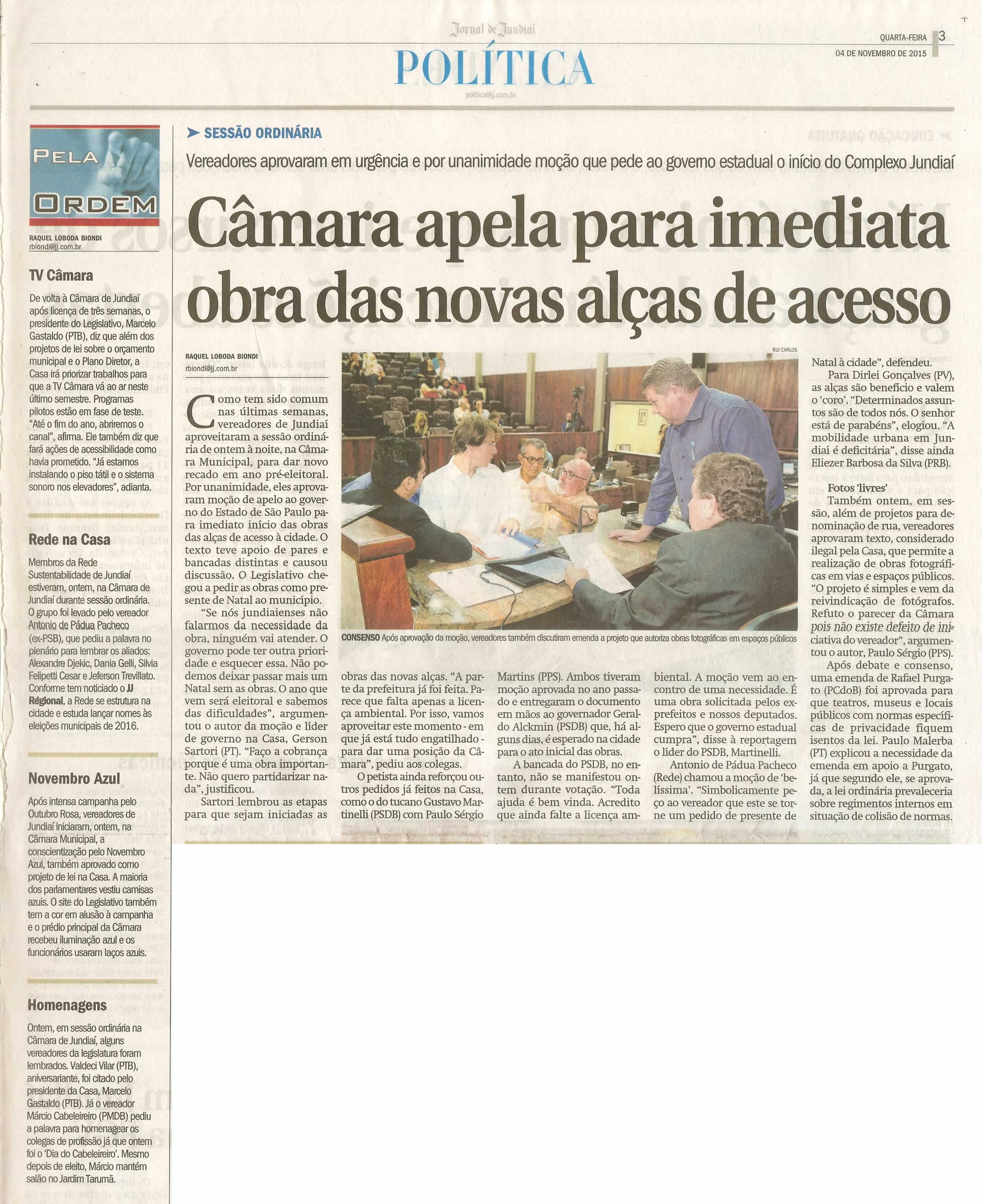 JJ - 04/11/15 - pg 3 - política - Câmara apela para imediata obra das novas alças de acesso - 