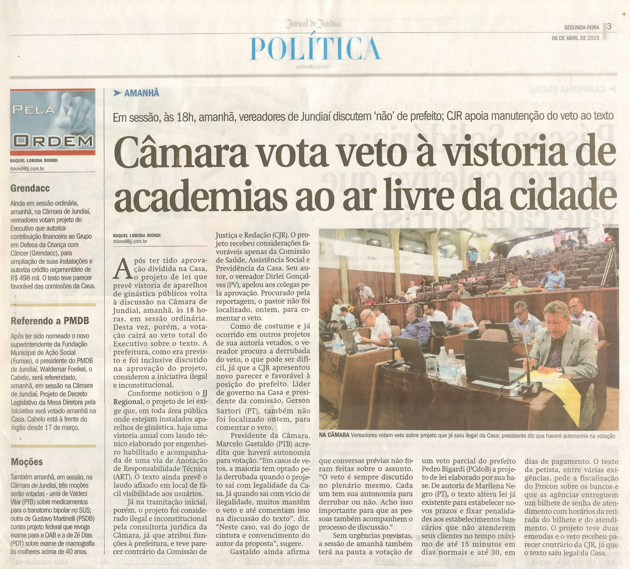 JJ - 06/04/15 - pg 3 - política - Câmara vota veto à vitoria de academias ao ar livre da cidade -