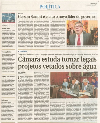 JJ - 10/02/15 - pg 3 - política - Gerson Sartori é eleito o novo líder do governo - Câmara estuda tornar legais projetos vetados sobre água - 