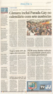 JJ - 10/06/15 - pg 3 - política - Câmara inclui Parada Gay no calendário com sete ausências - 