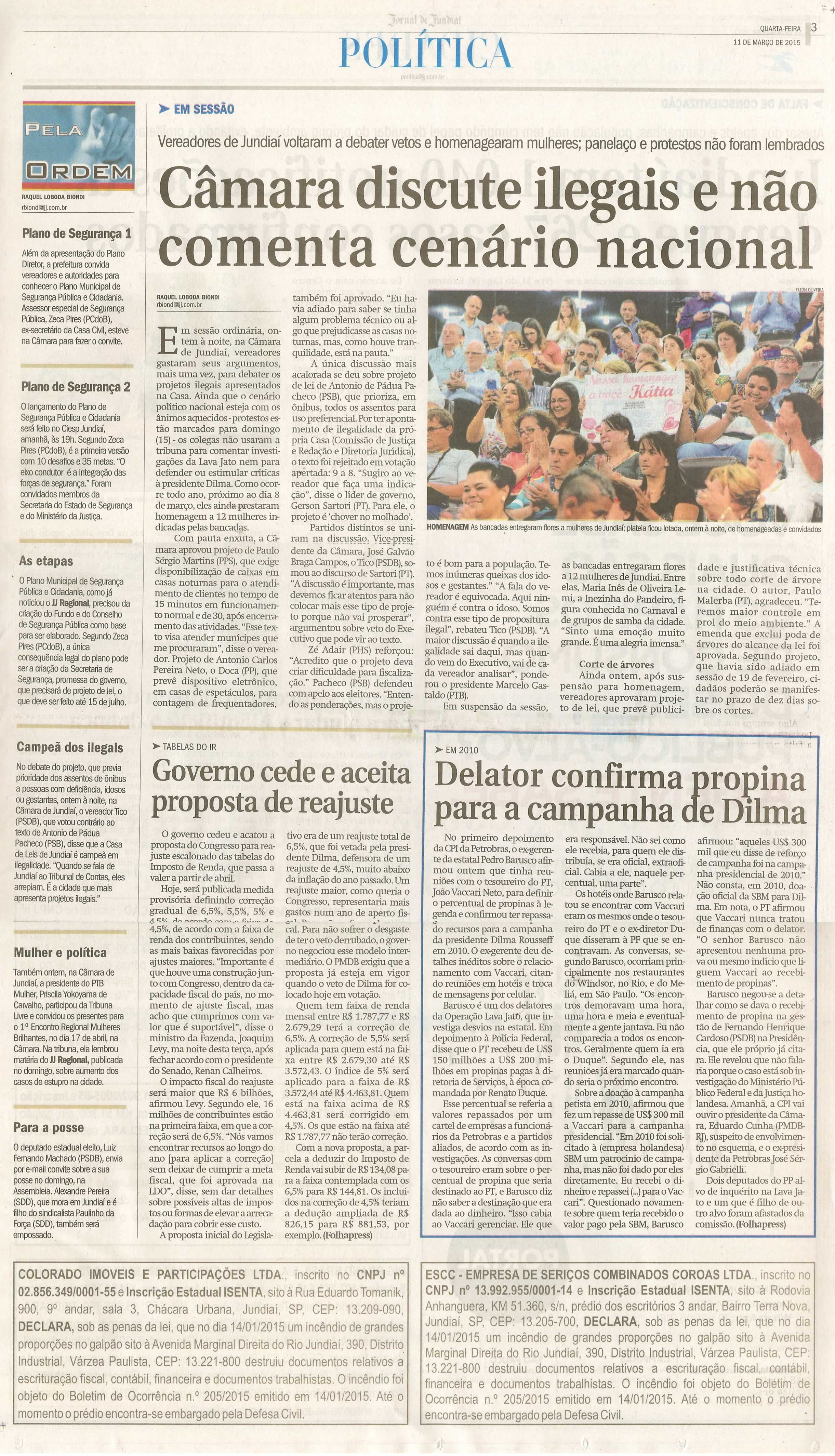 JJ - 11/03/15 - pg 3 - política - Câmara discute ilegais e não comenta cenário nacional - 