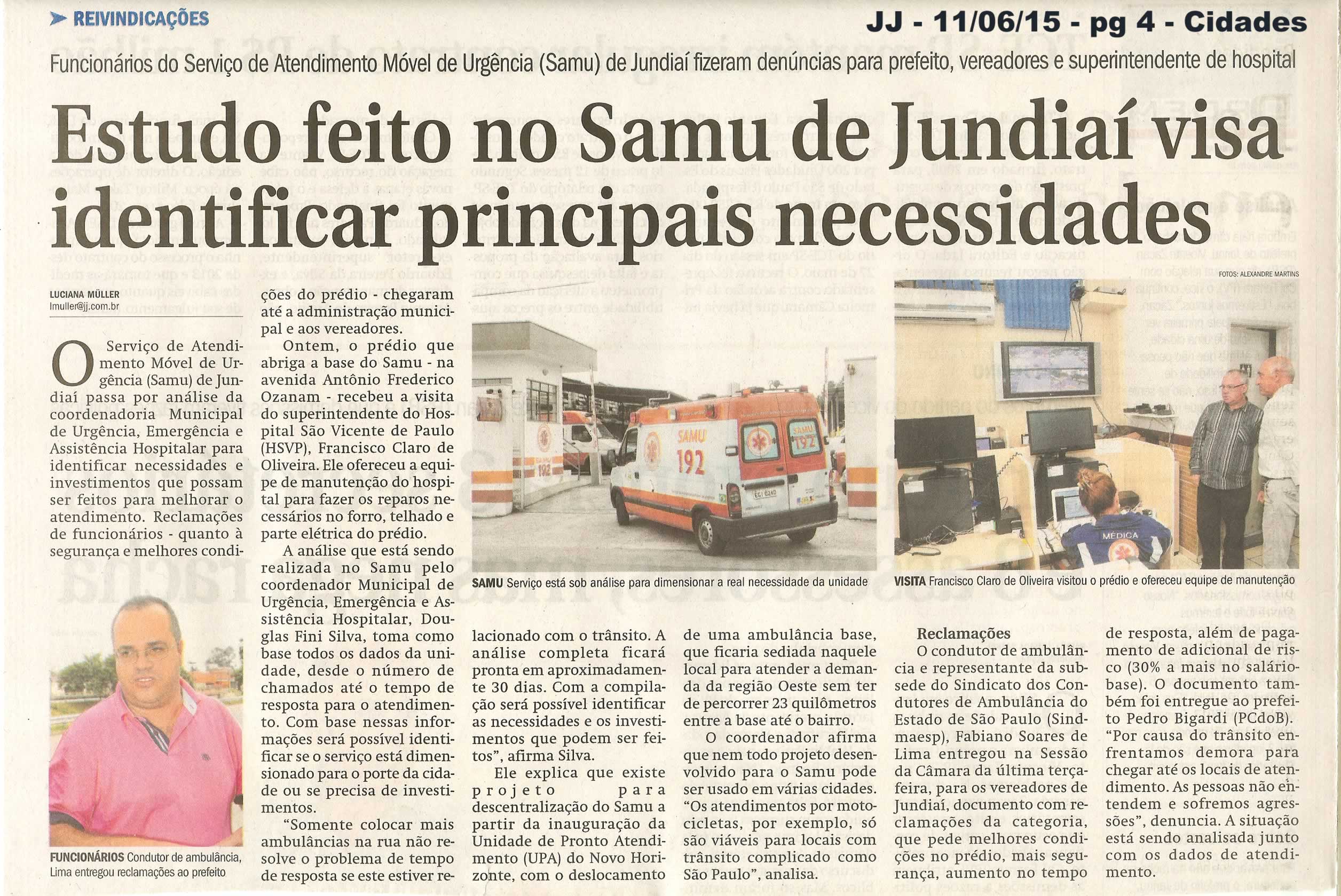JJ - 11/06/15 - pg 4 - Cidades - Estudo feito no Samu de Jundiaí visa identificar principais necessidades -