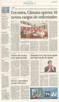 JJ - 11/11/15 - pg 3 - política - Em extra, Câmara aprova 10 novos cargos de enfermeiro -