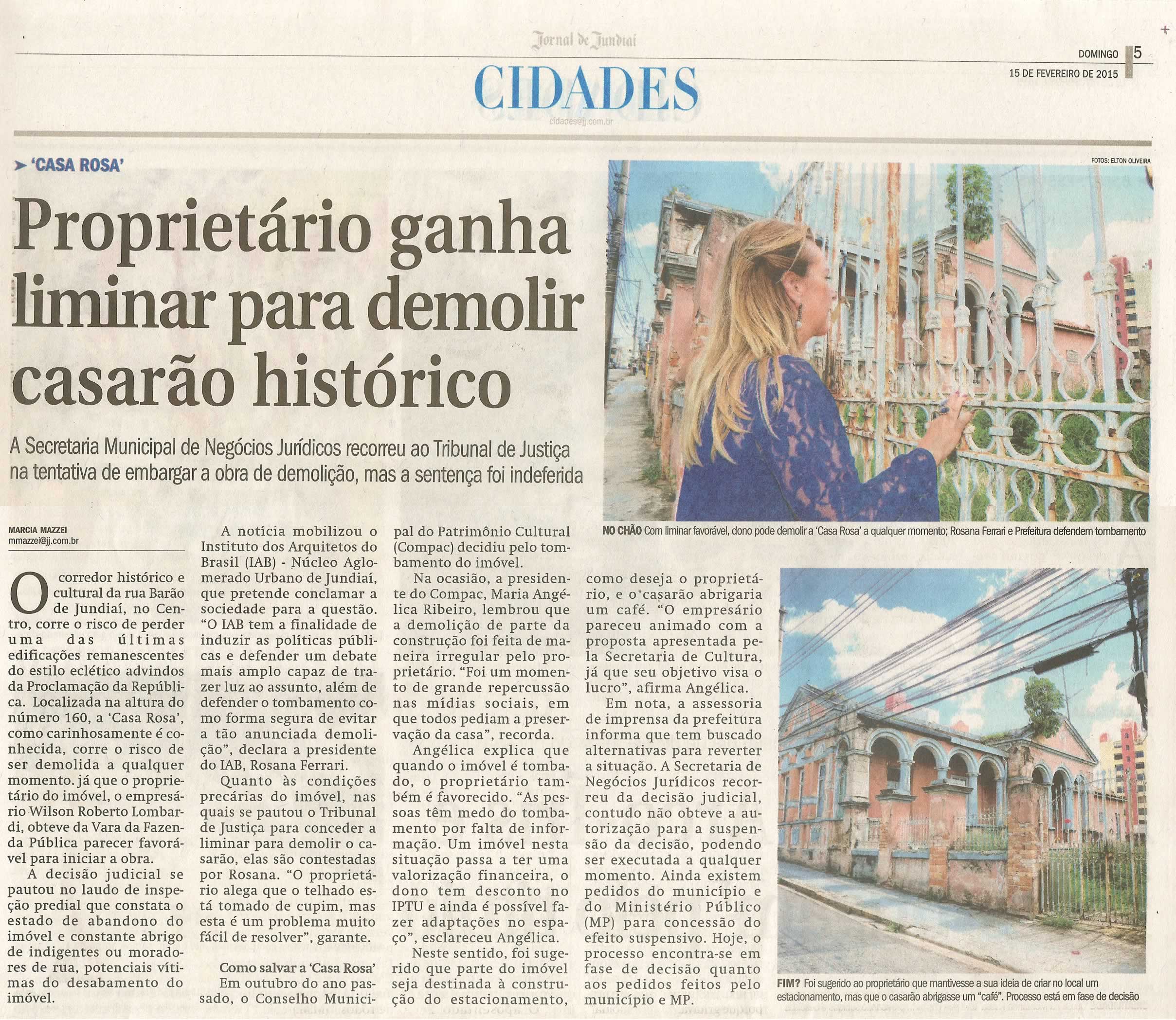 JJ - 15/02/15 - pg 5 - cidades - Proprietário ganha liminar para demolir casarão histórico -