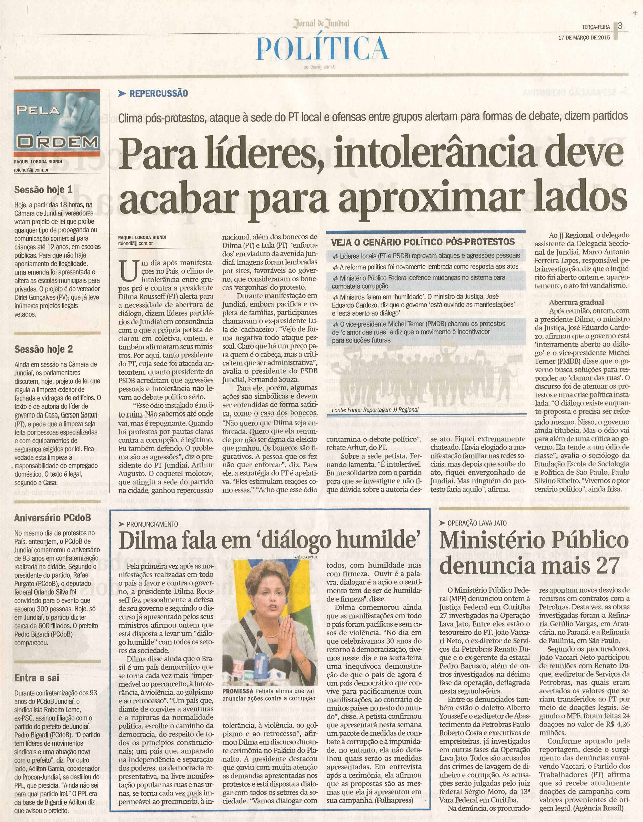 JJ - 17/03/15 - pg 3 - política - Para líderes, intolerância deve acabar para aproximar lados - 