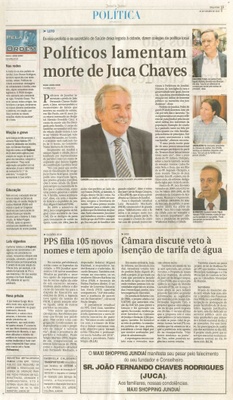 JJ - 20/10/15 - pg 3 - política - Políticos lamentam morte de Juca Rodrigues - Câmara discute veto à isenção de tarifa de água -