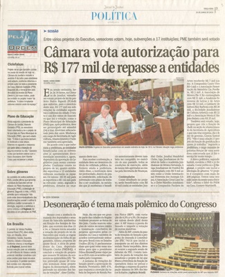 JJ - 23/06/15 - pg 3 - política - Câmara vota autorização para R$ 177 mil de repasse a entidades -