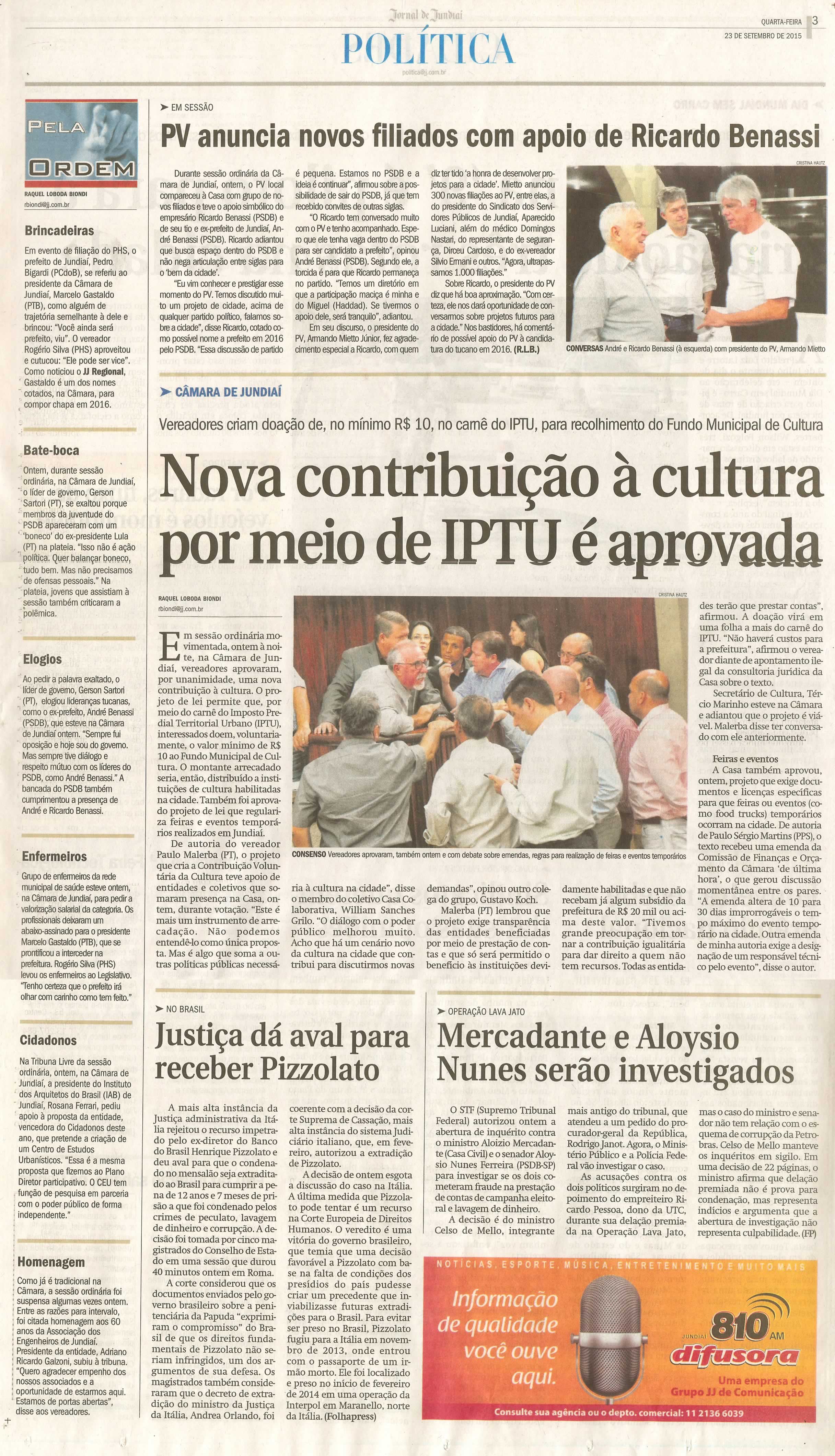  JJ - 23/09/15 - pg 3 - Política - Nova contribuição à cultura por meio de IPTU é aprovada - Pela Ordem.