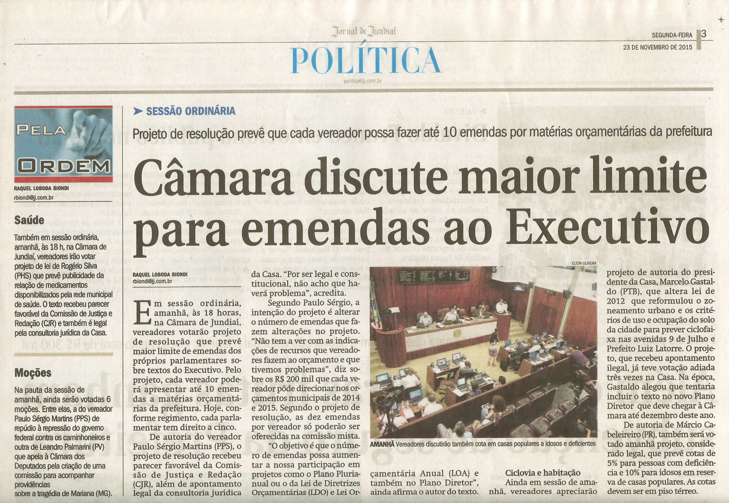 JJ - 23/11/15 - pg 3 - política - Câmara discute maior limite para emendas ao Executivo -