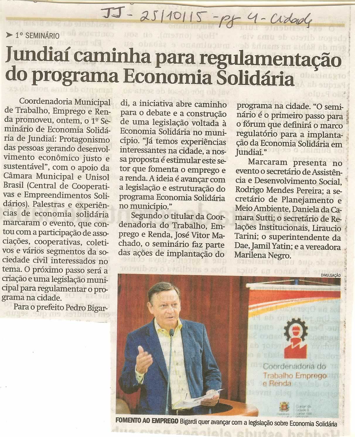 JJ - 25/10/15 - pg 4 - Cidades - Jundiaí caminha para regulamentação do programa Economia Solidária -
