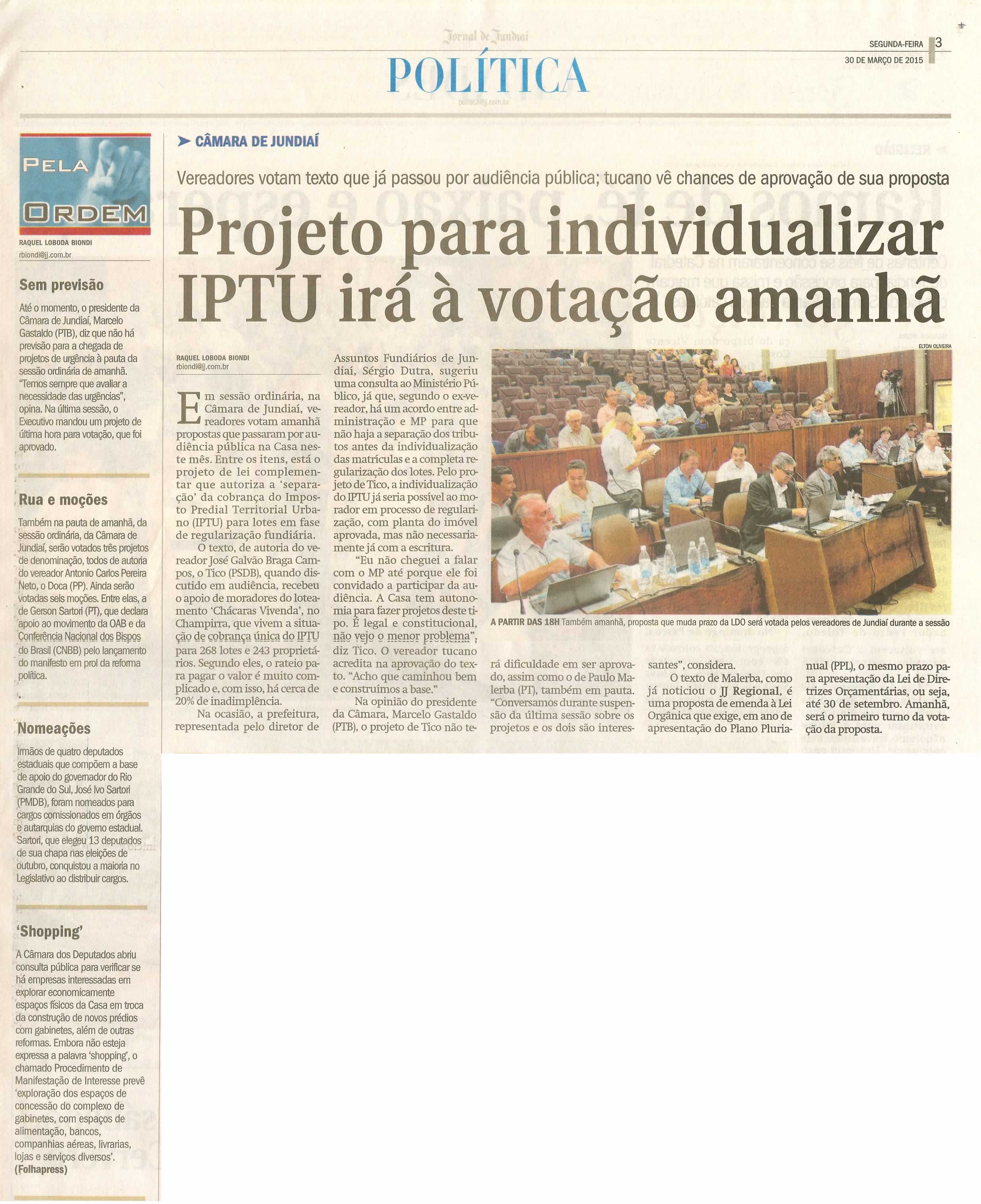 JJ - 30/03/15 - pg 3 - política - Projeto para individualizar IPTU irá à votação amanhã - 