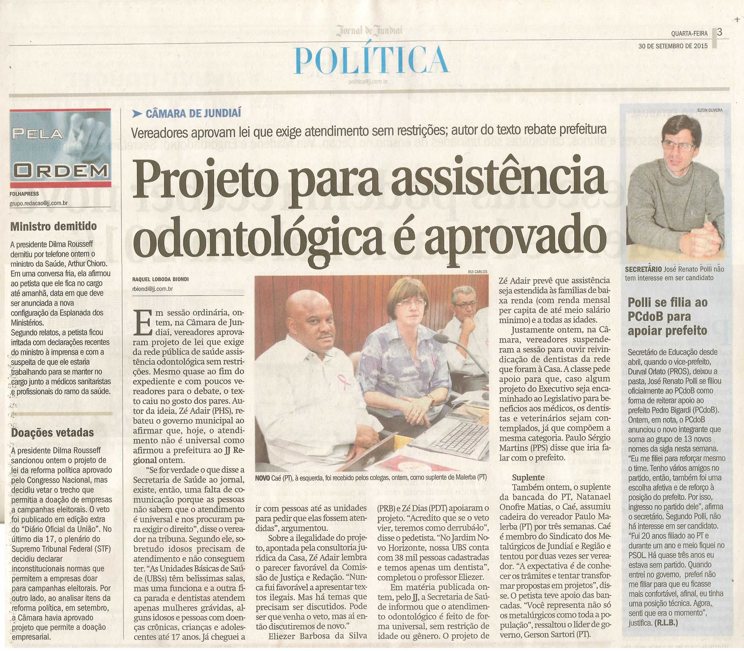  JJ - 30/09/15 - pg 3 - Política - Projeto para assistência odontológica é aprovado.