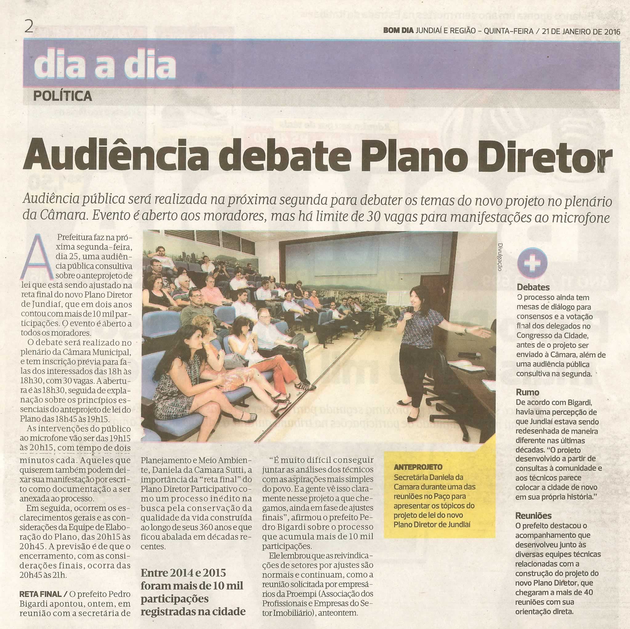 Bom Dia - 21/01/16 - pg 2 - Política - Audiência debate Plano Diretor.