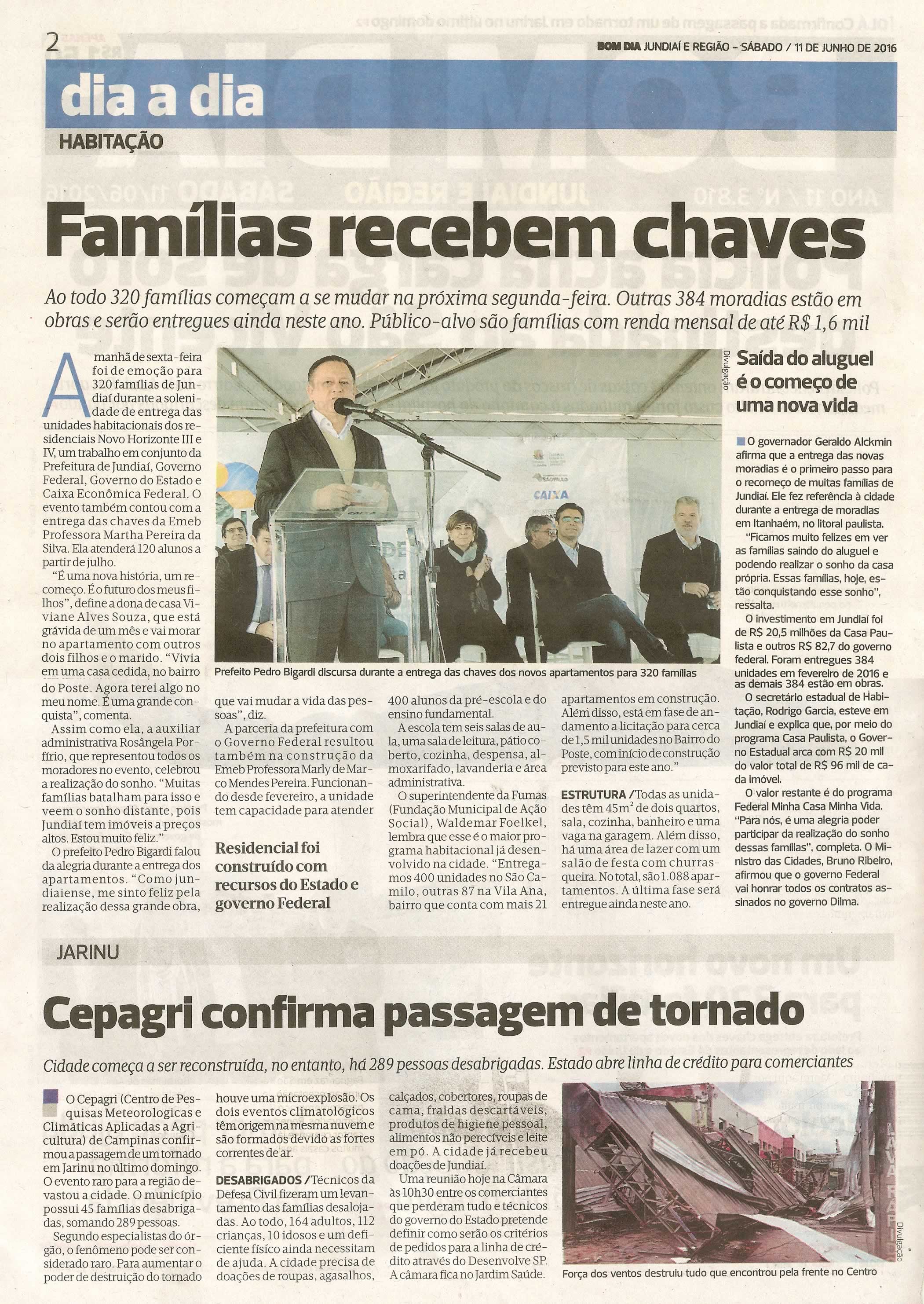 Bom Dia Jundiaí - 11/06/16 - pg 2 - Famílias recebem chaves - Cepagri confirma passagem de tornado -
