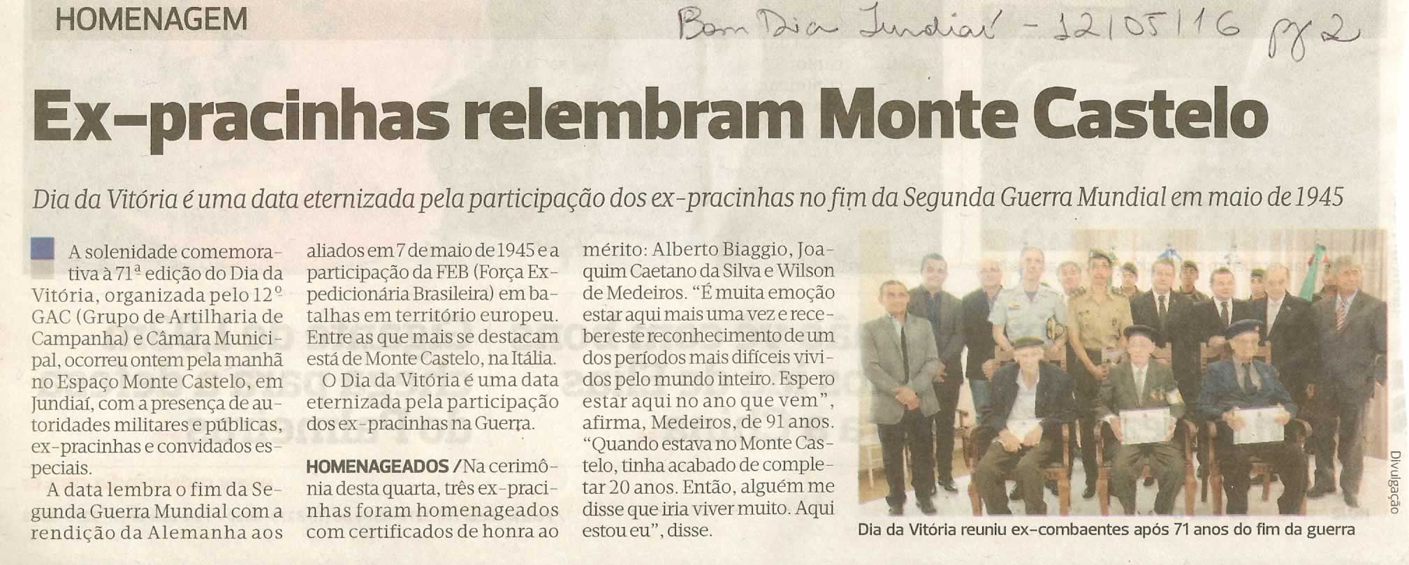 Bom Dia Jundiaí - 12/05/16 - pg 2 - Ex-pracinhas relembram Monte Castelo -