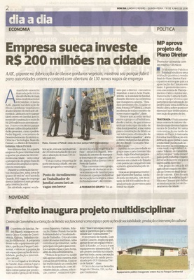 Bom Dia Jundiaí - 16/06/16 - pg 2 - Empresa sueca investe R$ 200 milhões na cidade - Prefeito inaugura projeto multidiciplinar - MP aprova projeto do Plano Diretor -