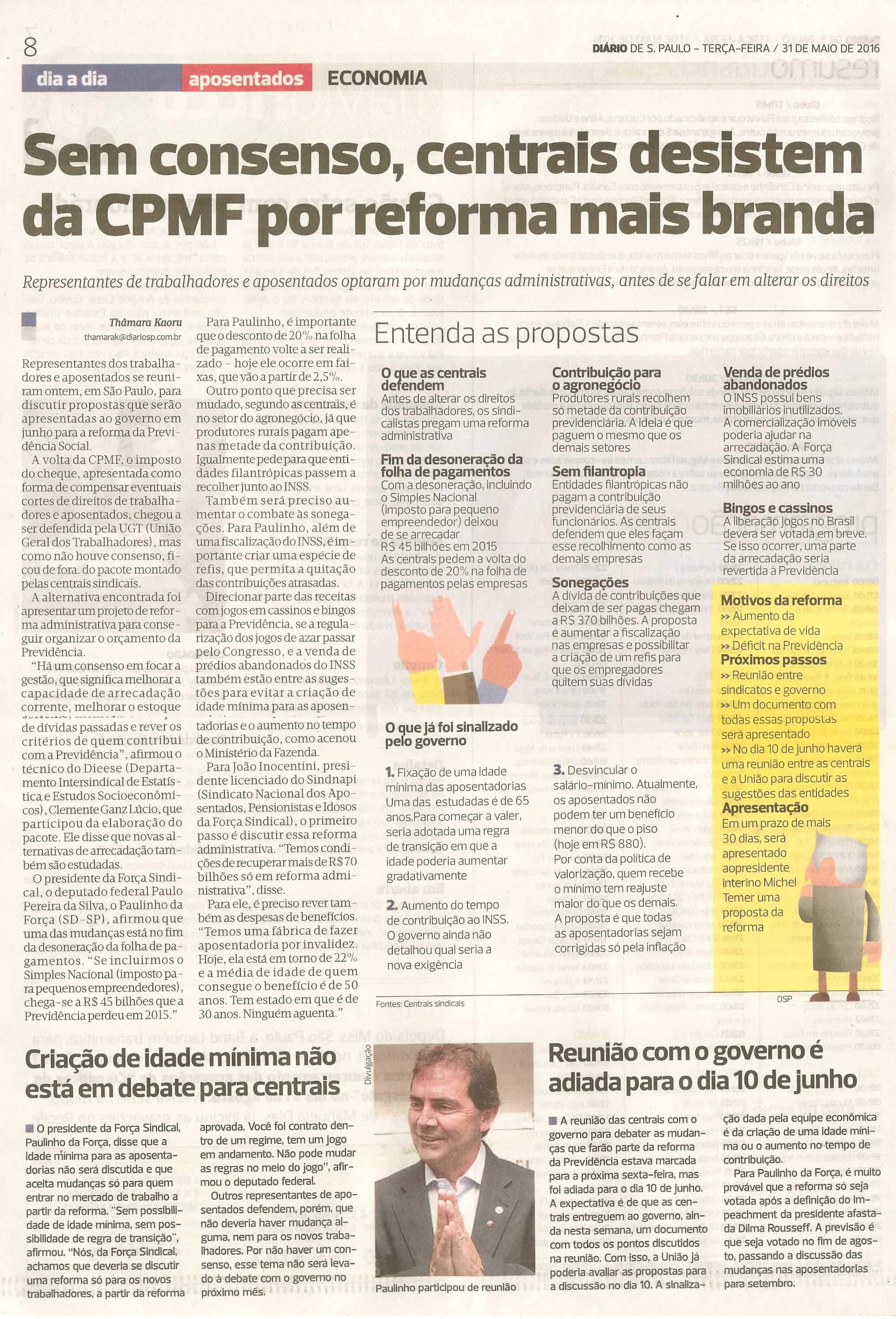 Bom Dia Jundiaí - 31/05/16 - pg 8 - Sem consenso, centrais desistem da CPMF por reforma mais branda -