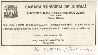 JC - 14/05/16 - pg 3 - geral - Audiência Pública nº 23 da Câmara Municipal de Jundiaí -