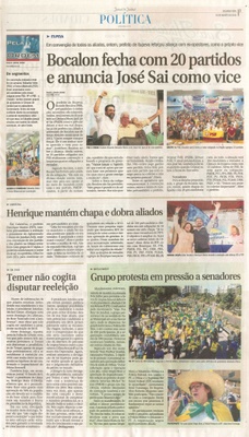 JJ - 01/08/16 - pg 3 política - Bocalon fecha com 20 partidos e anuncia José Sai como vice - Henrique mantém chapa e dobra aliados - Grupo protesta em pressão a senadores -
