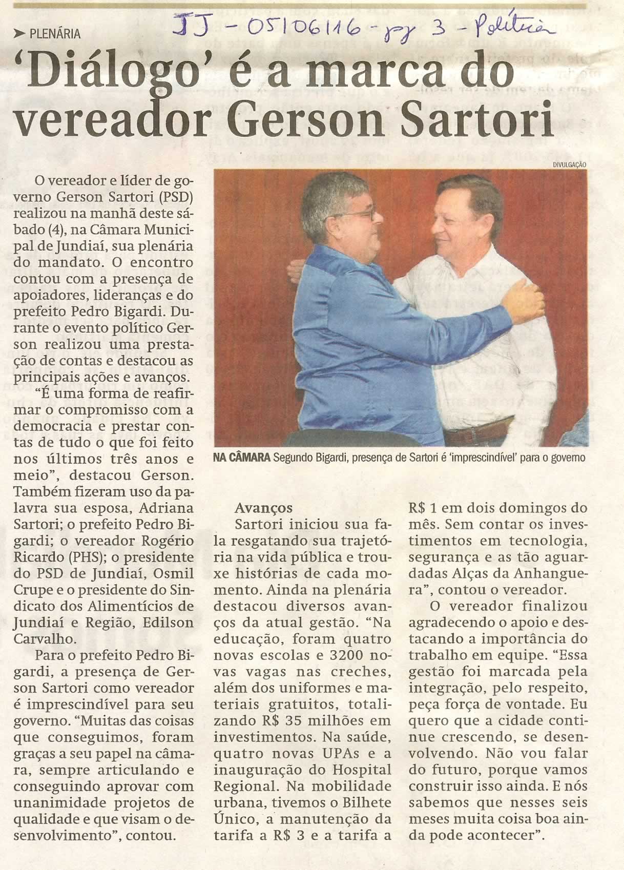 JJ - 05/06/16 - pg 3 - política - Diálogo é a marca do vereador Gerson Sartori -