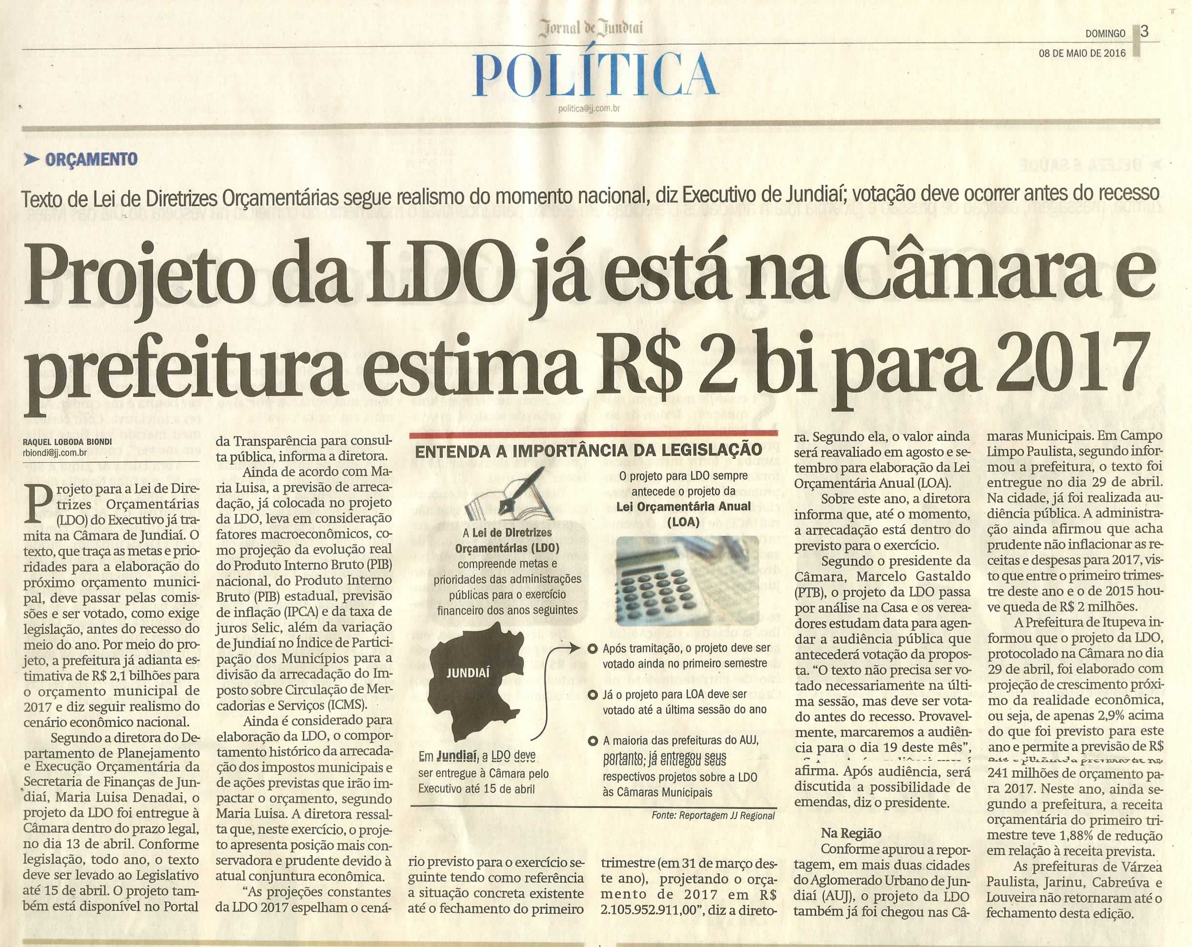 JJ - 08/05/16 - pg 3 - política - Projeto da LDO já está na Câmara e prefeitura estima R$ 2 bi para 2017 -