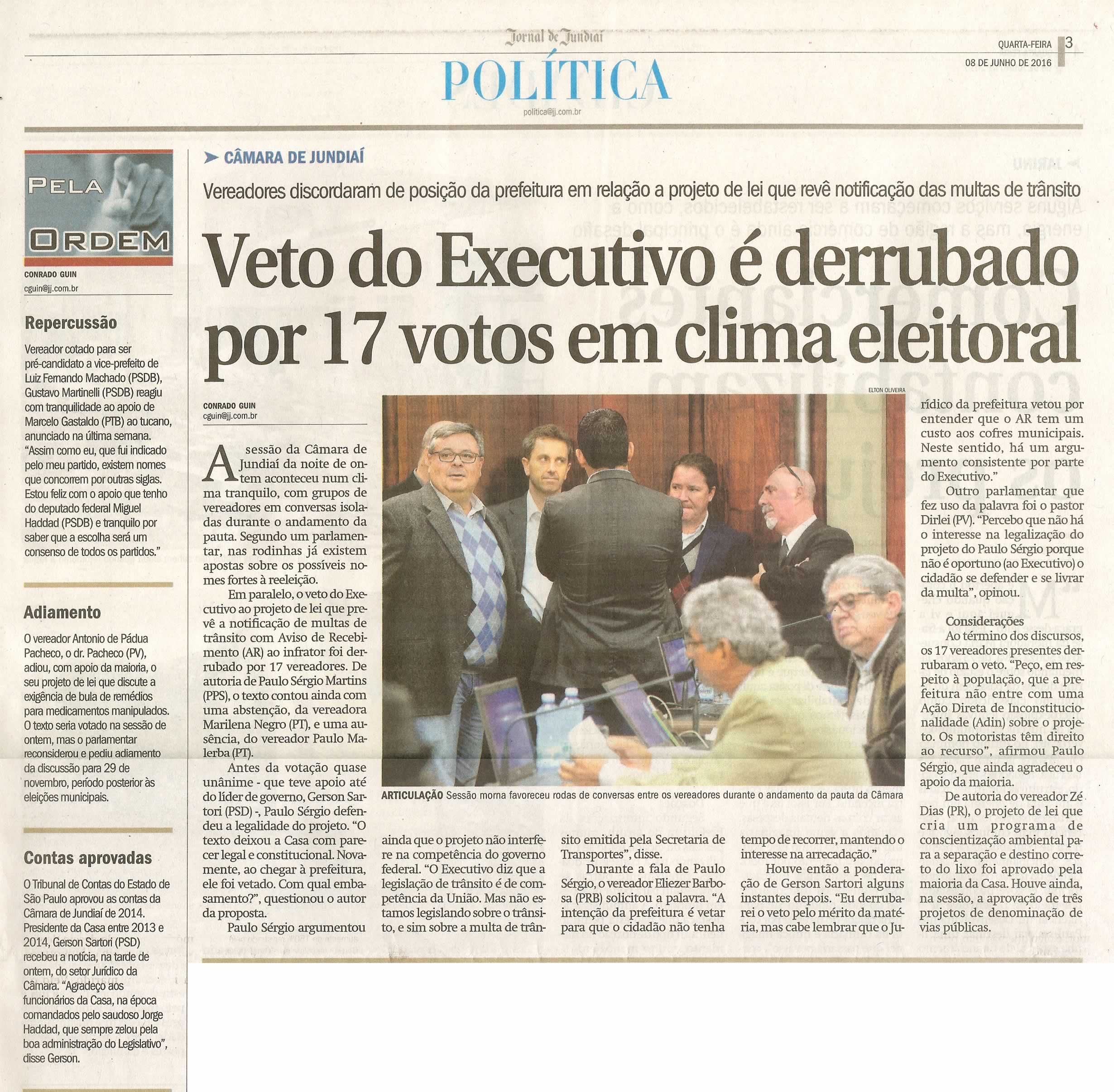 JJ - 08/06/16 - pg 3 - política - Veto do Executivo é derrubado por 17 votos em clima eleitoral -
