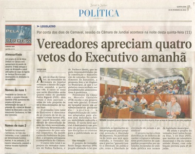 JJ - 10/02/16 - pg 3 - política - Vereadores apreciam quatro vetos do Executivo amanhã - 