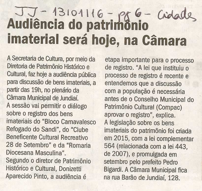  JJ - 13/01/16 - pg 3 - Política - Audiência do patrimônio imaterial será hoje, na Câmara.