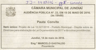 JJ - 14/05/16 - pg 5 - Cidades - Audiência Pública nº 23 da Câmara Municipal de Jundiaí -