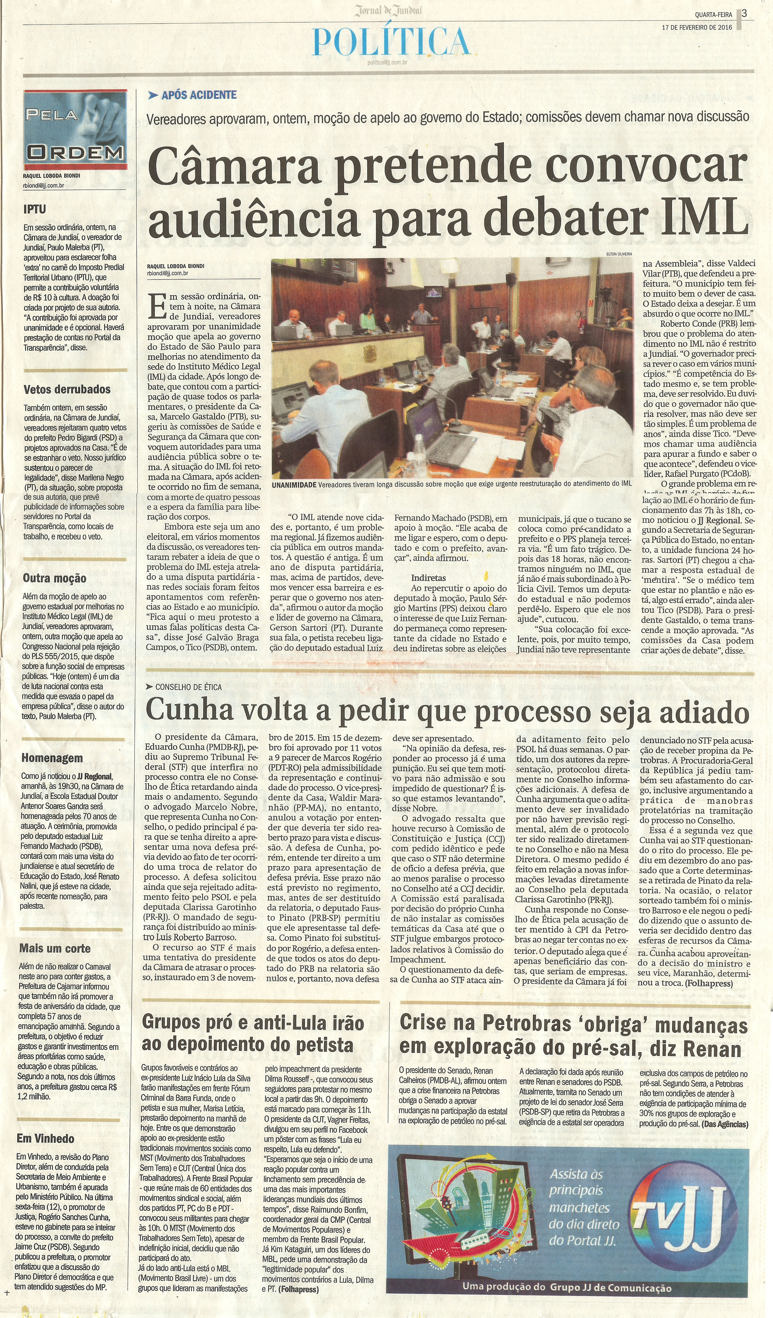 JJ - 17/02/16 - pg 3 política - Câmara pretende convocar audiência para debater IML - 